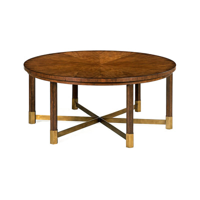 Modern round coffee table, angled view with wooden top.