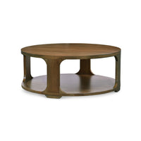Round coffee table, wooden design, side view.