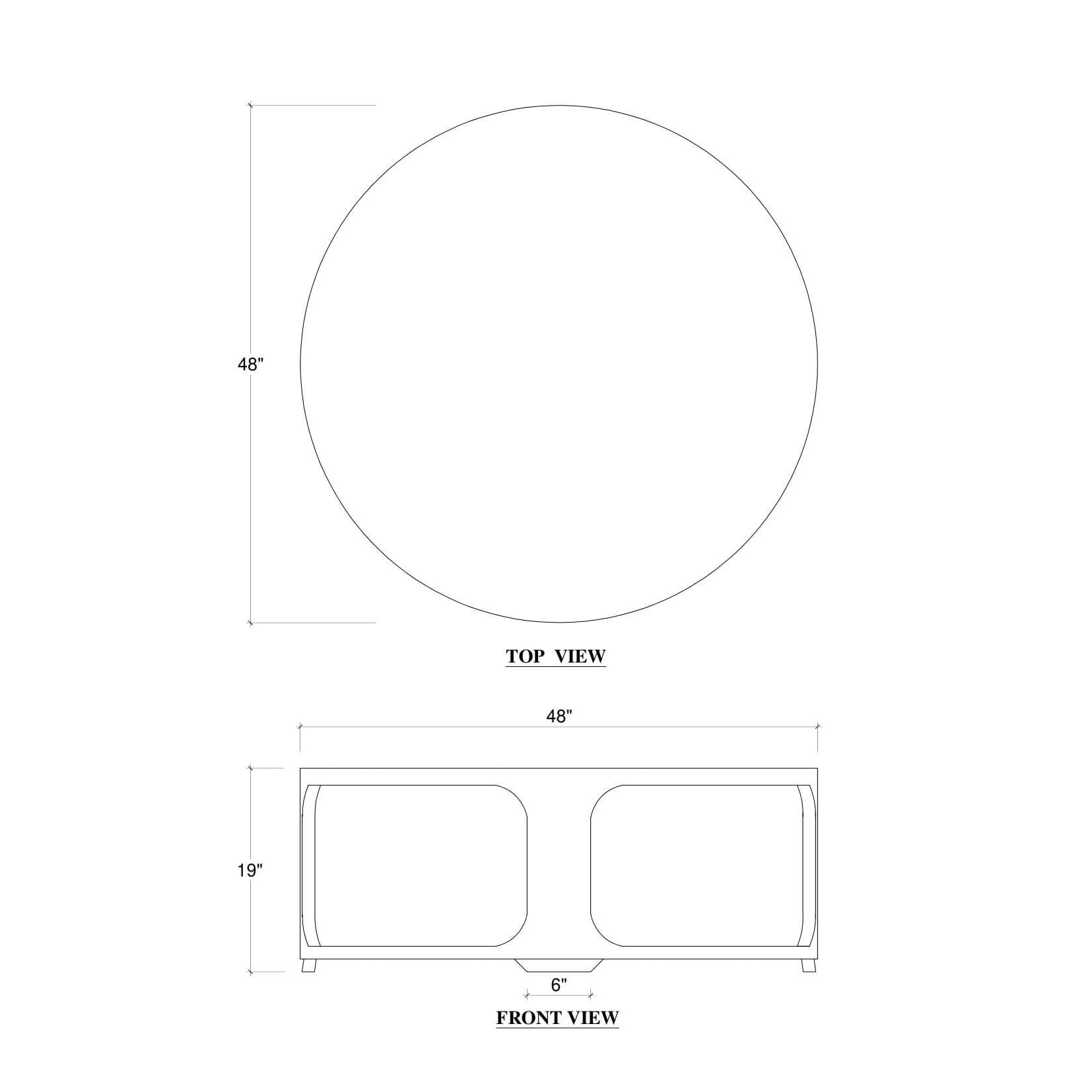 Coffee table dimensions diagram, top and front views.