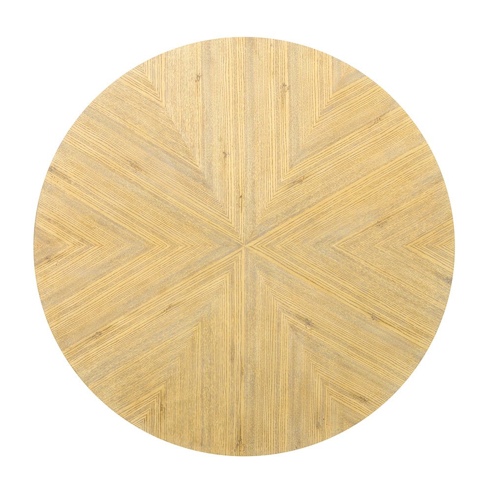 Top view of round coffee table showcasing wood pattern.