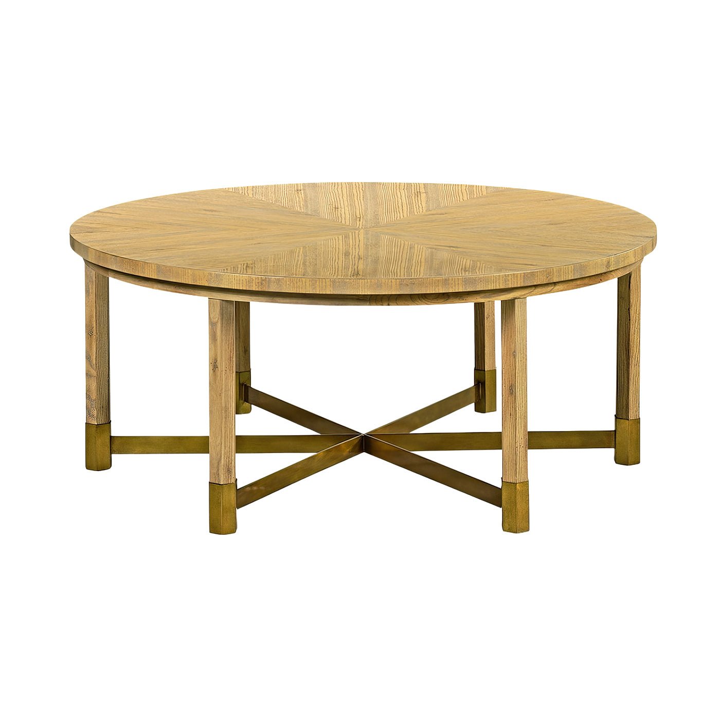 Modern round coffee table with oatmeal finish, front view.