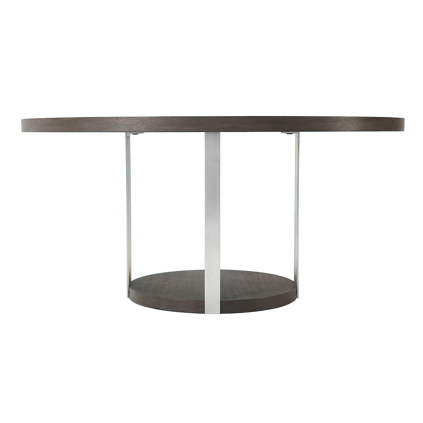 Side profile of round dining table, metal legs visible.