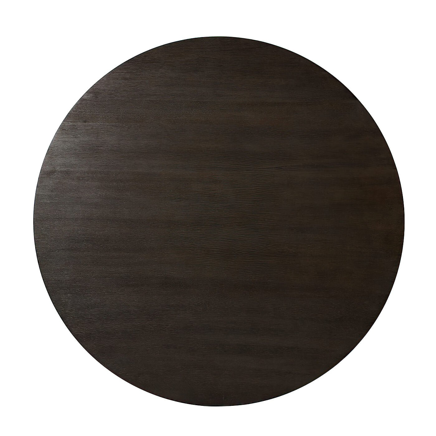 Top view of round dining table, dark wood finish.