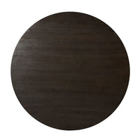 Top view of round dining table, dark wood finish.