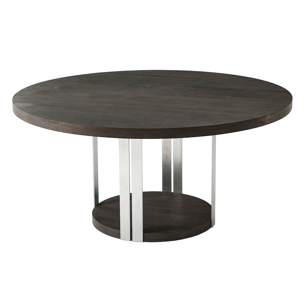 Round dining table with metal legs, top view.