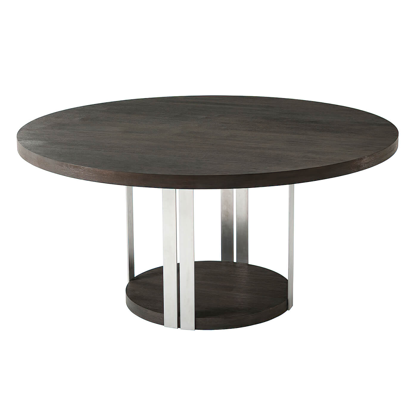 Round dining table with metal legs, top view.