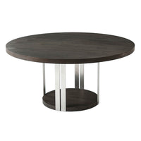 Round dining table with metal legs, top view.