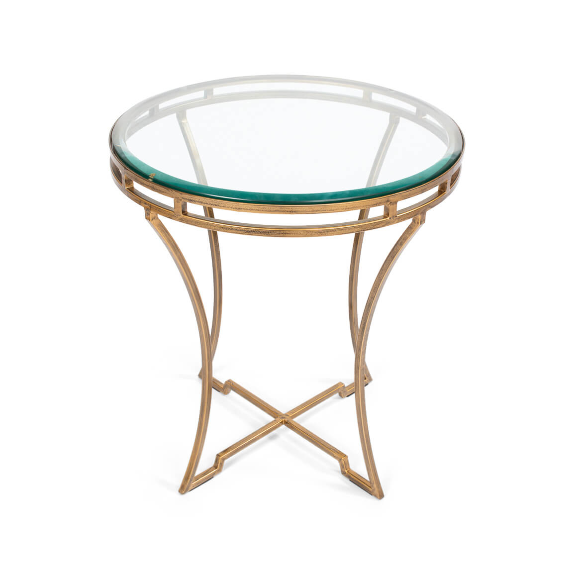 Top angled view of round gilded end table.
