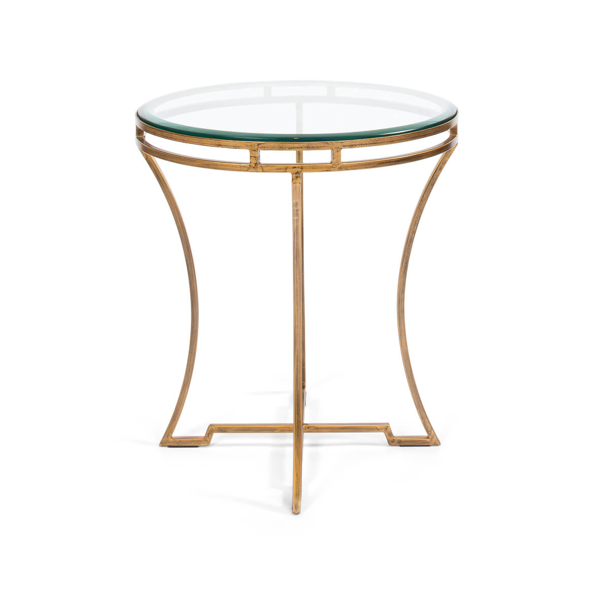 Side view of glass-top round gilded end table.