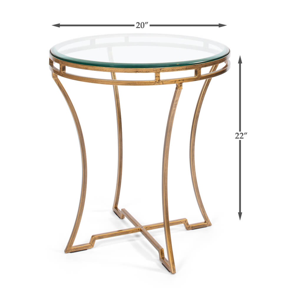 Dimensions of round gilded end table, 20x22 inches.