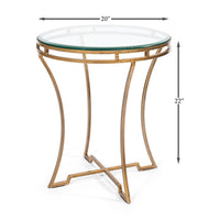 Dimensions of round gilded end table, 20x22 inches.