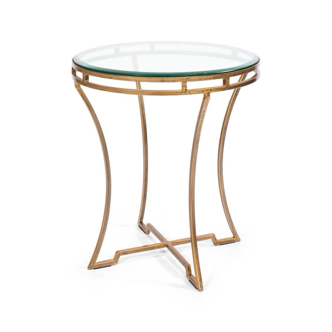 Round gilded end table with glass top, angled view.