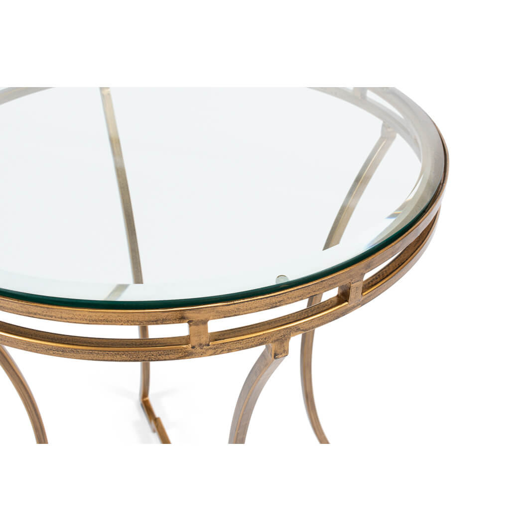 Detail of glass edge and metal frame on end table.