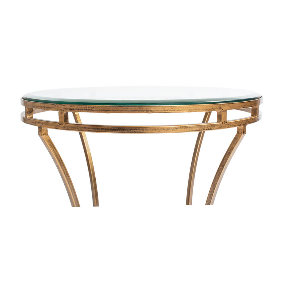 Side close-up of round end table’s glass and frame.