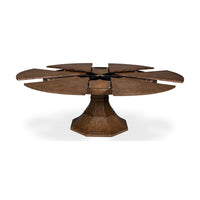 Dining table, fully extended, sections open, brown finish.