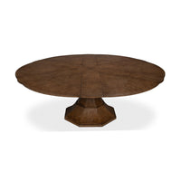 Dining table, top view, extended, round shape, brown tone.