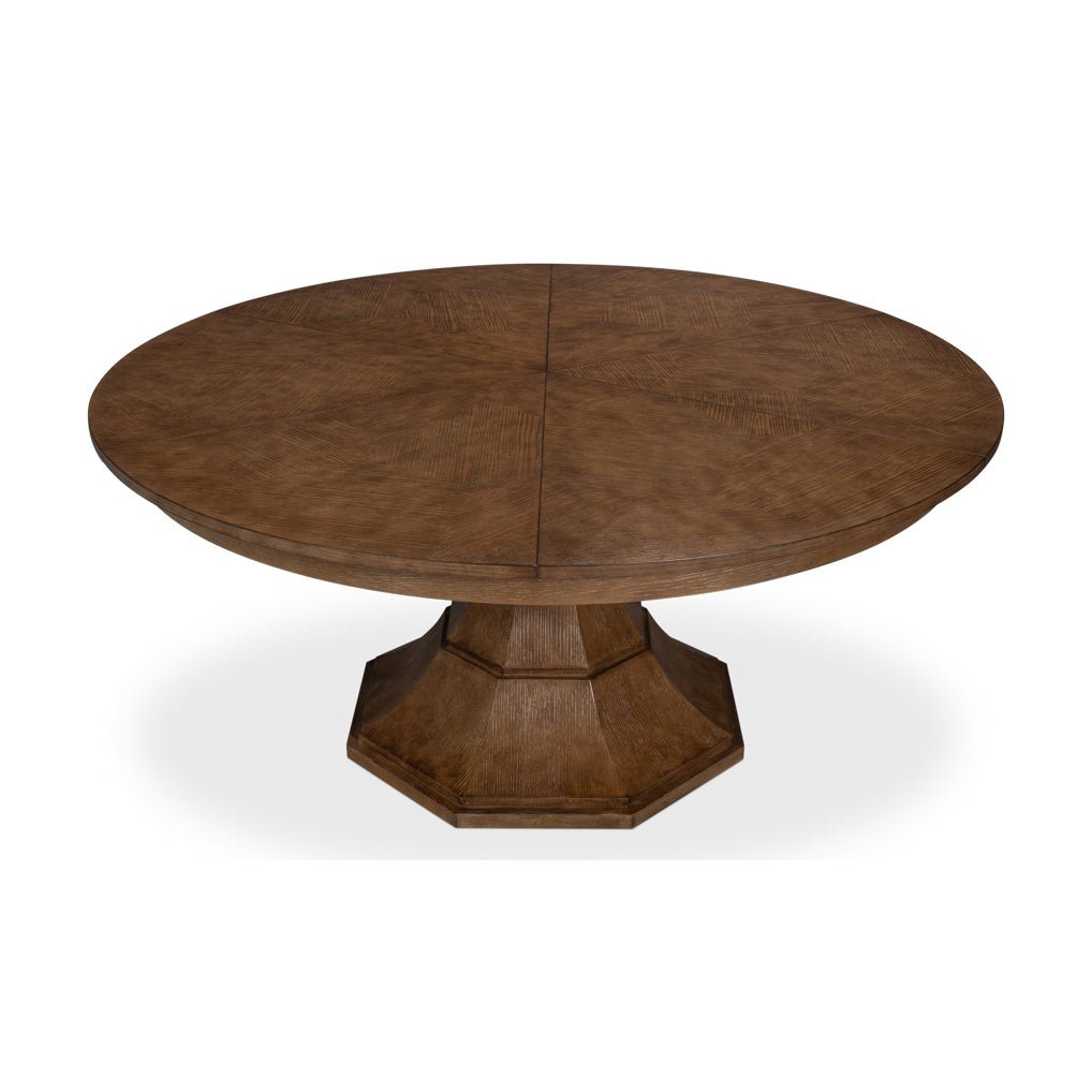 Dining table, closed view, round wood, pedestal base.
