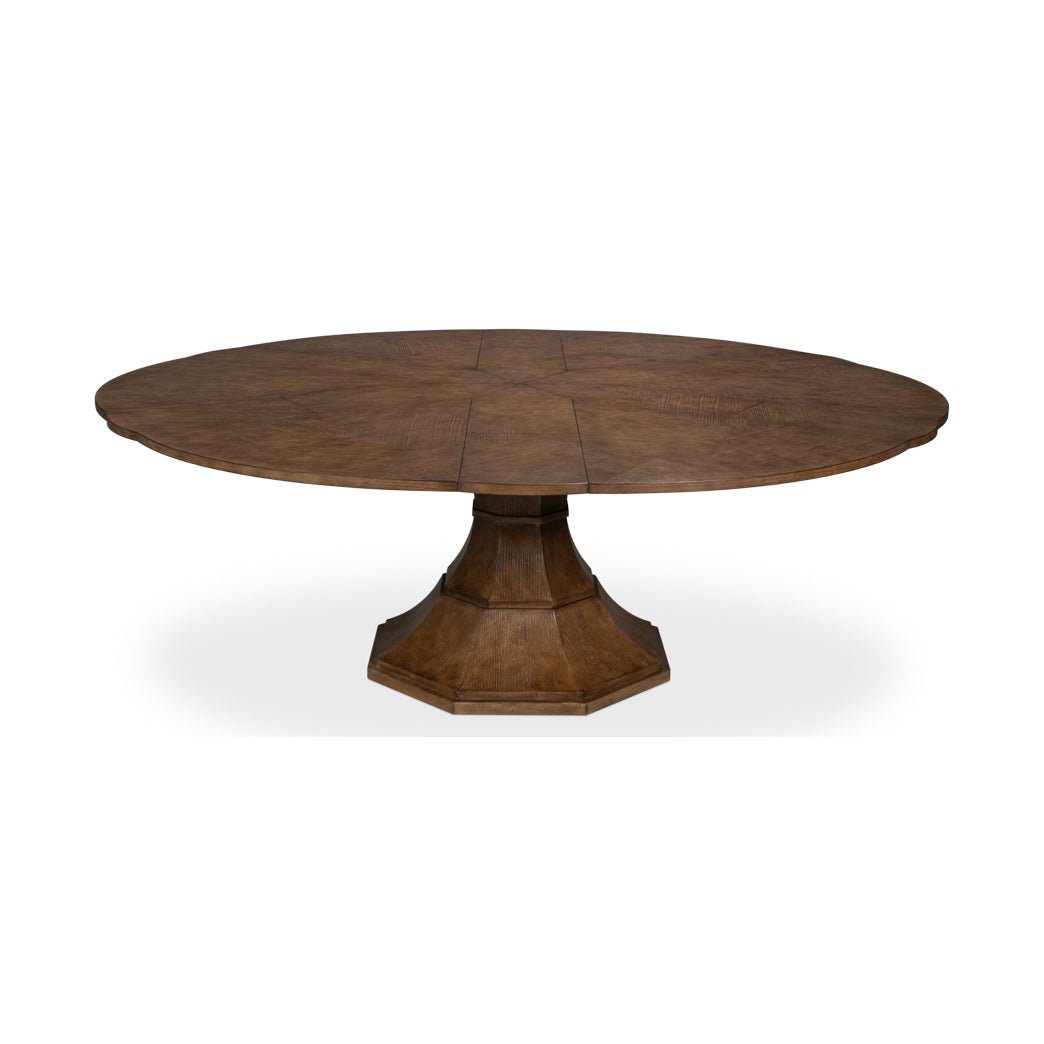 Round jupe dining table fully closed front view.