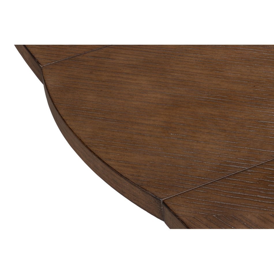 Close-up of round jupe dining table wood grain.