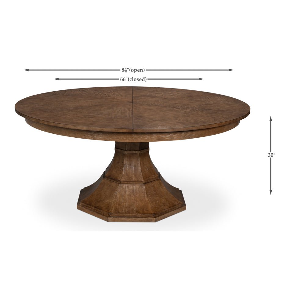 Round jupe dining table dimensions for open and closed states.