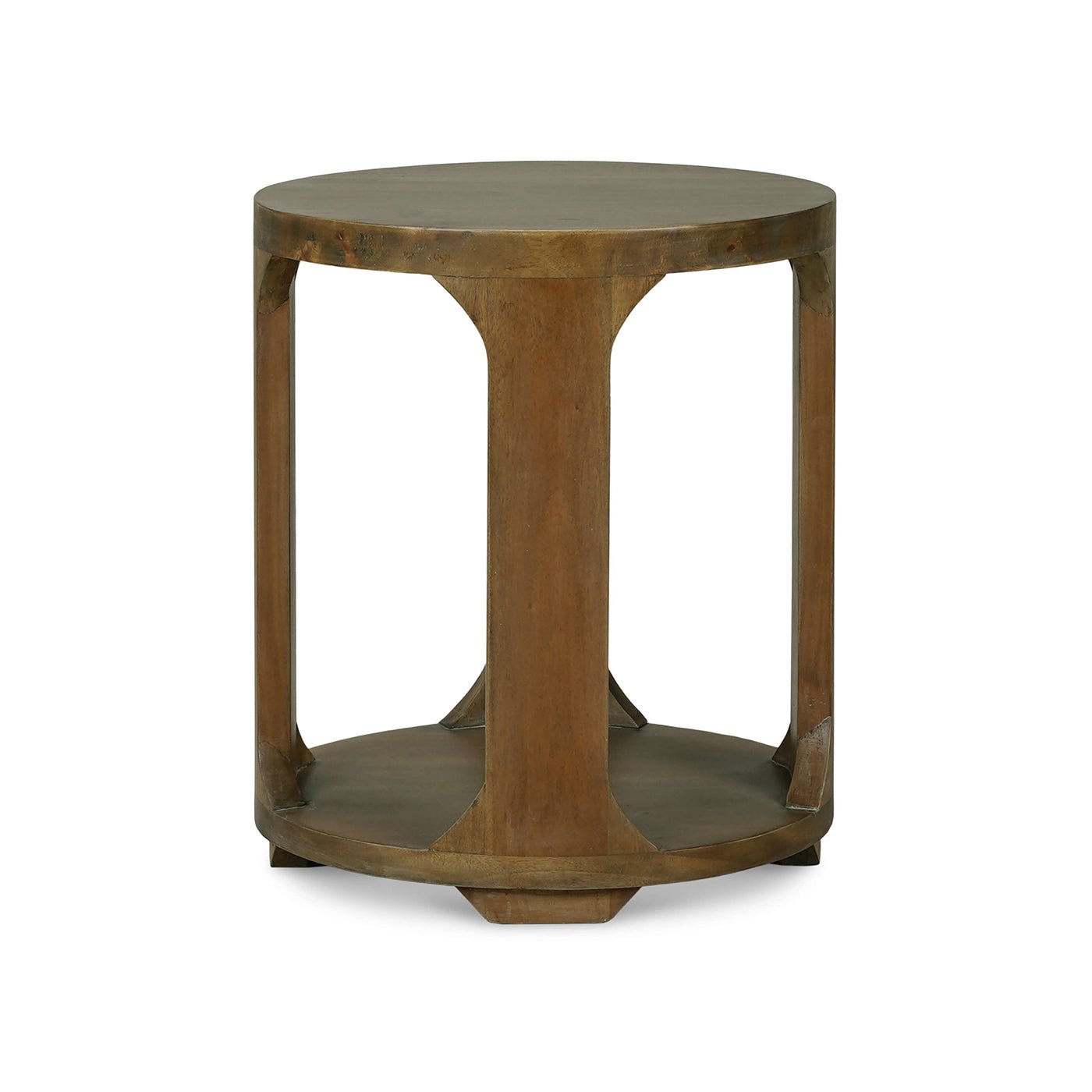 Round side table, alternate angle front view.