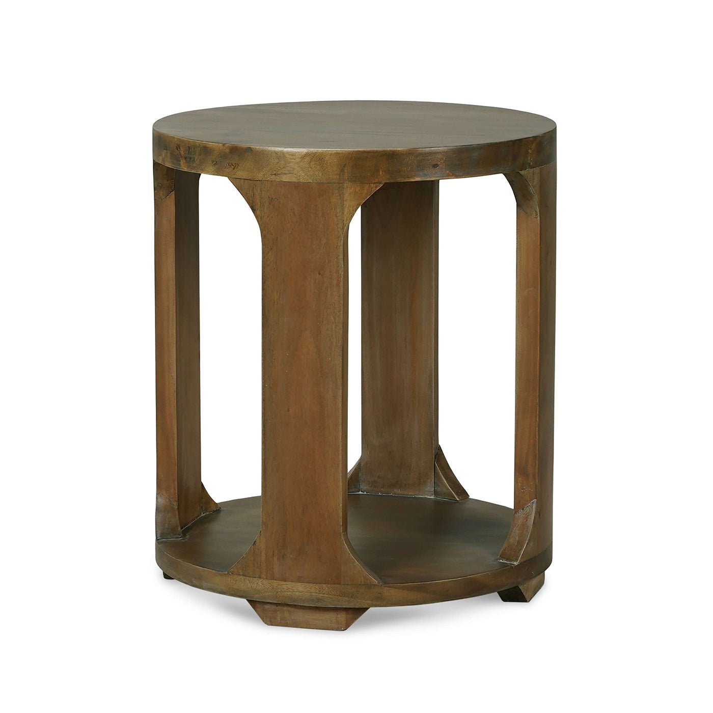 Round wooden side table, front angle view.