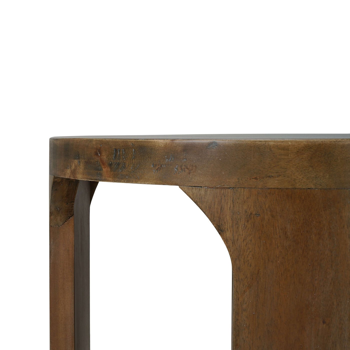 Close-up detail of round wooden side table top.