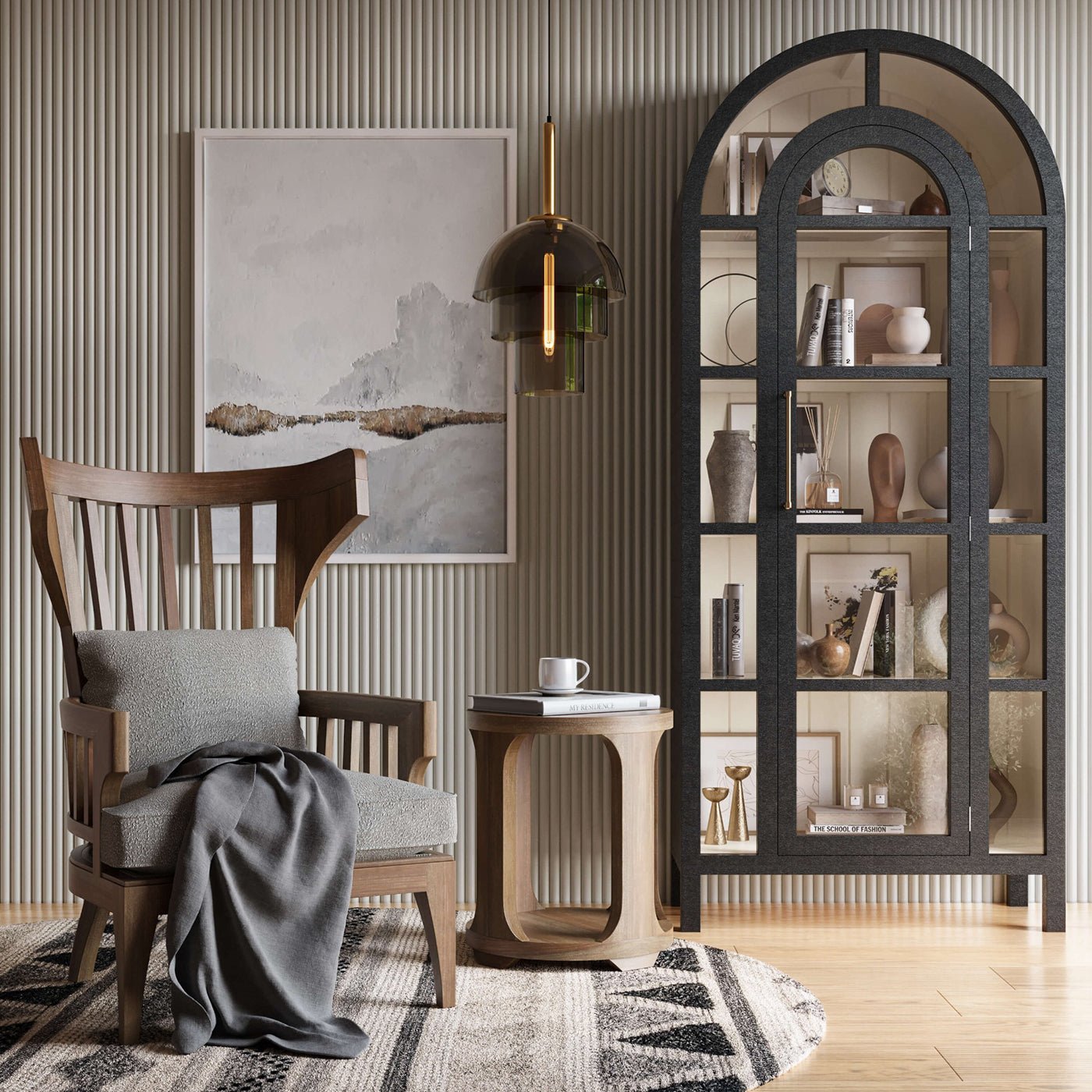 Living room with round side table and decor.