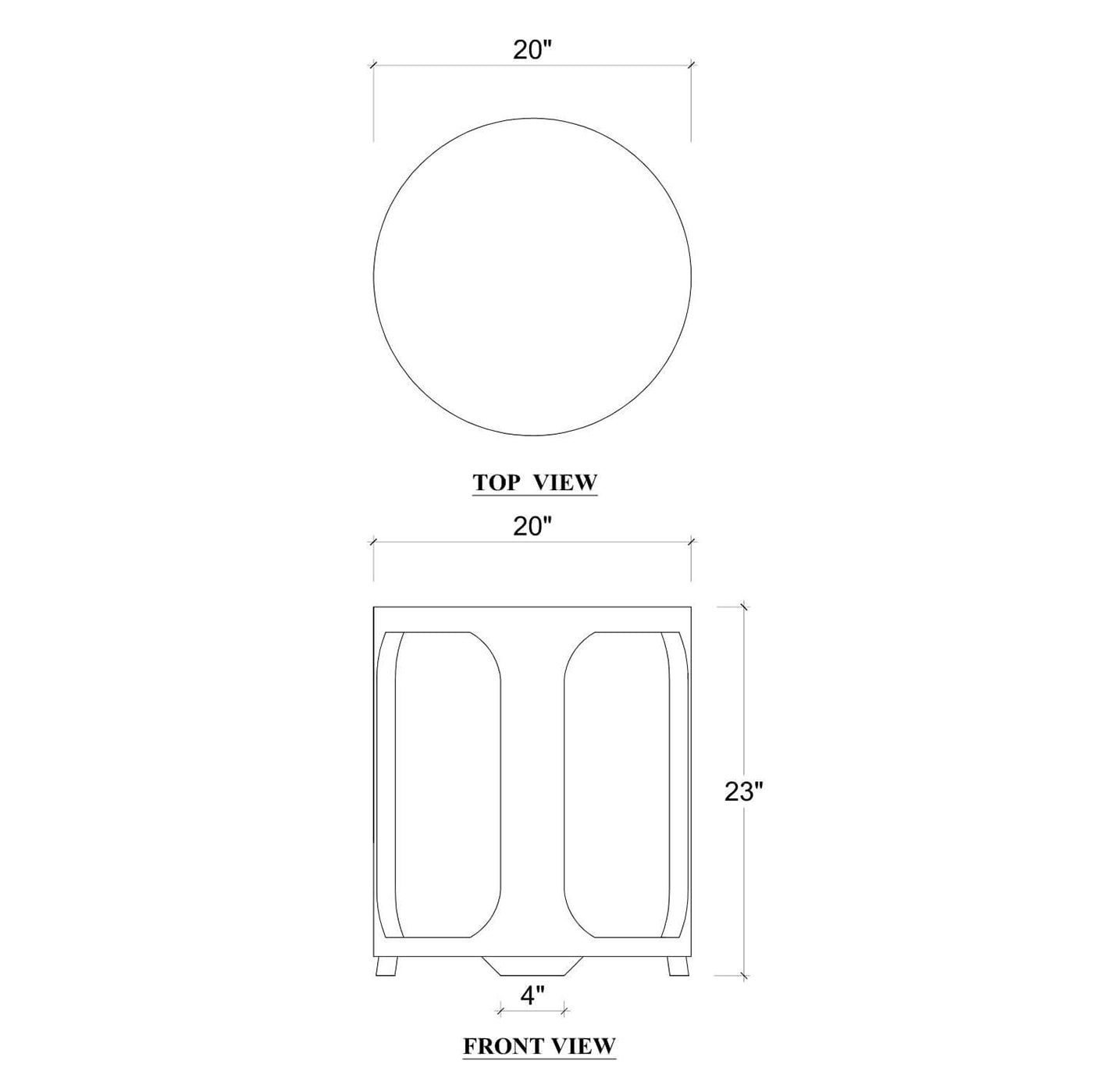 Dimensions diagram of round side table, top and front view.