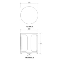 Dimensions diagram of round side table, top and front view.