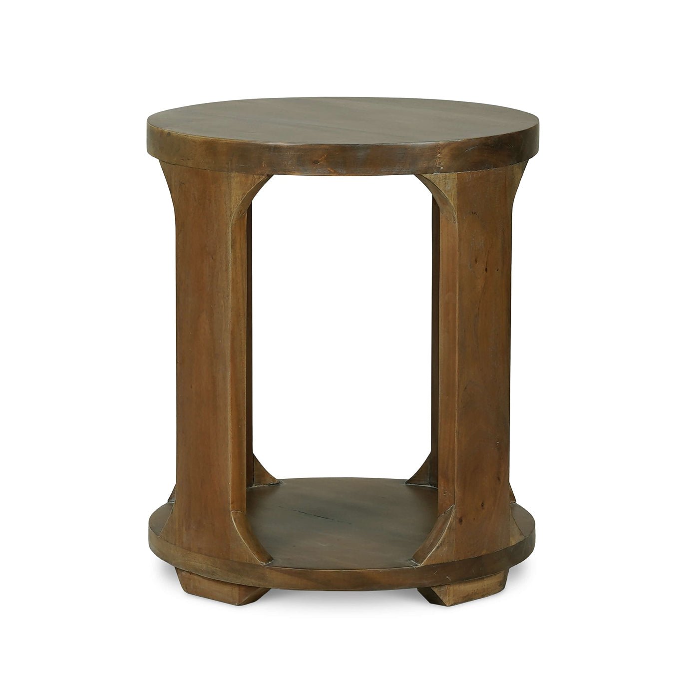 Round side table, side angle view on hardwood floor.