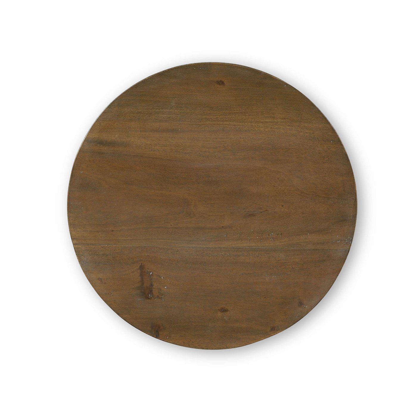 Top view of round wooden side table.