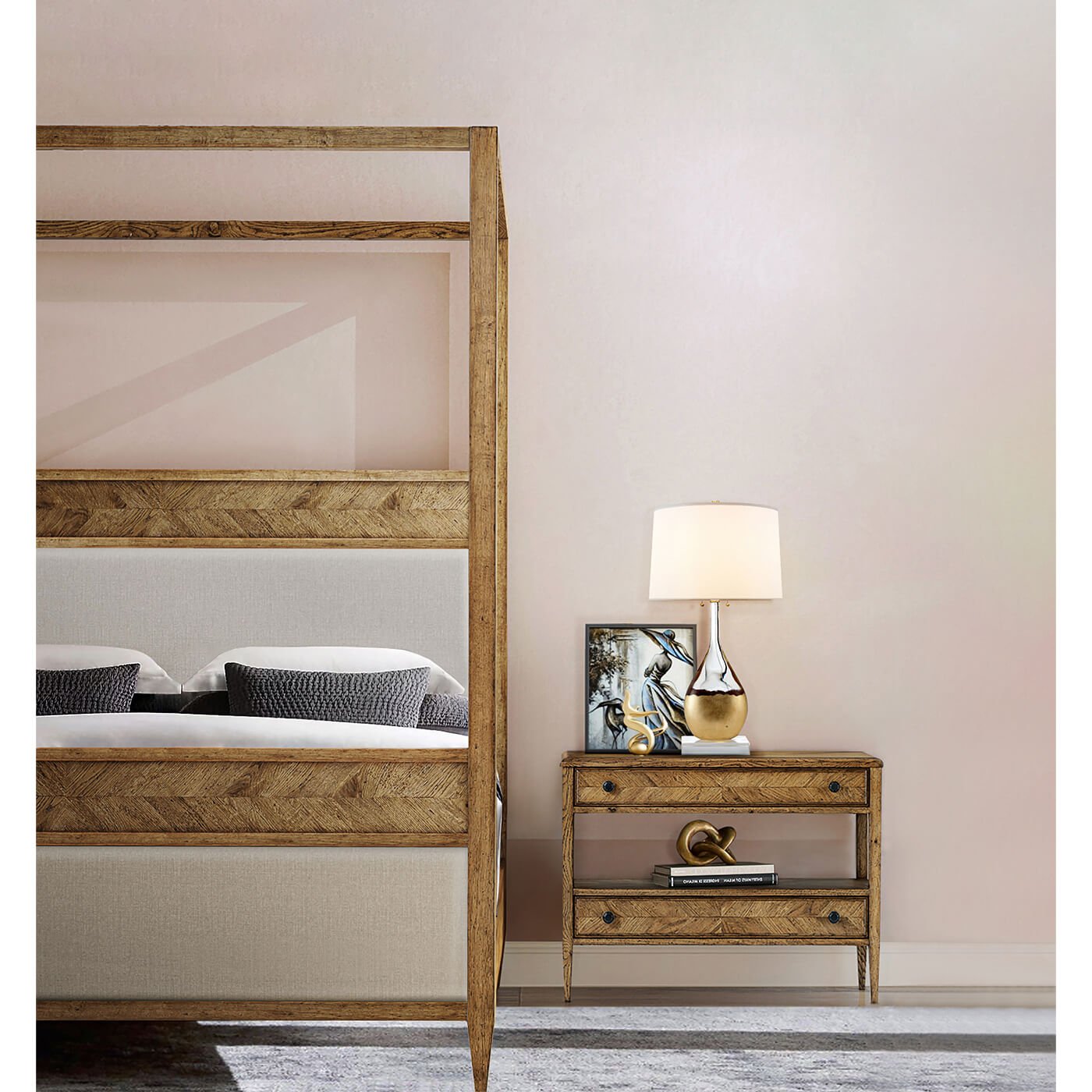 Side view of canopy bed with nightstand.