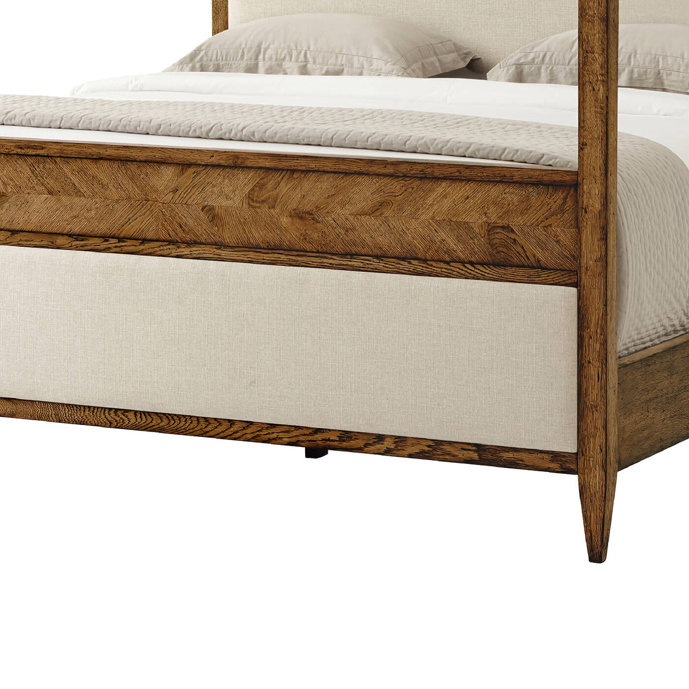 Bottom section of canopy bed, fabric and wood detail.