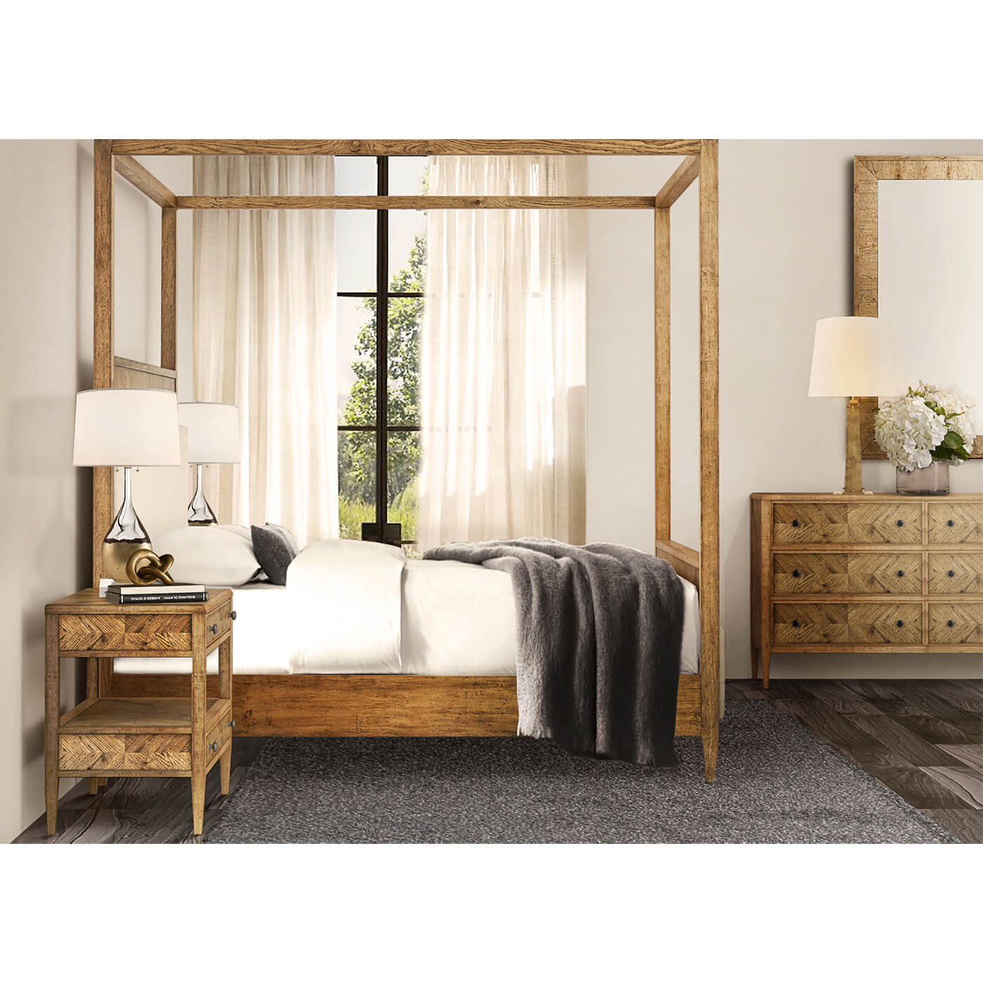 Canopy king bed in styled bedroom with decor.