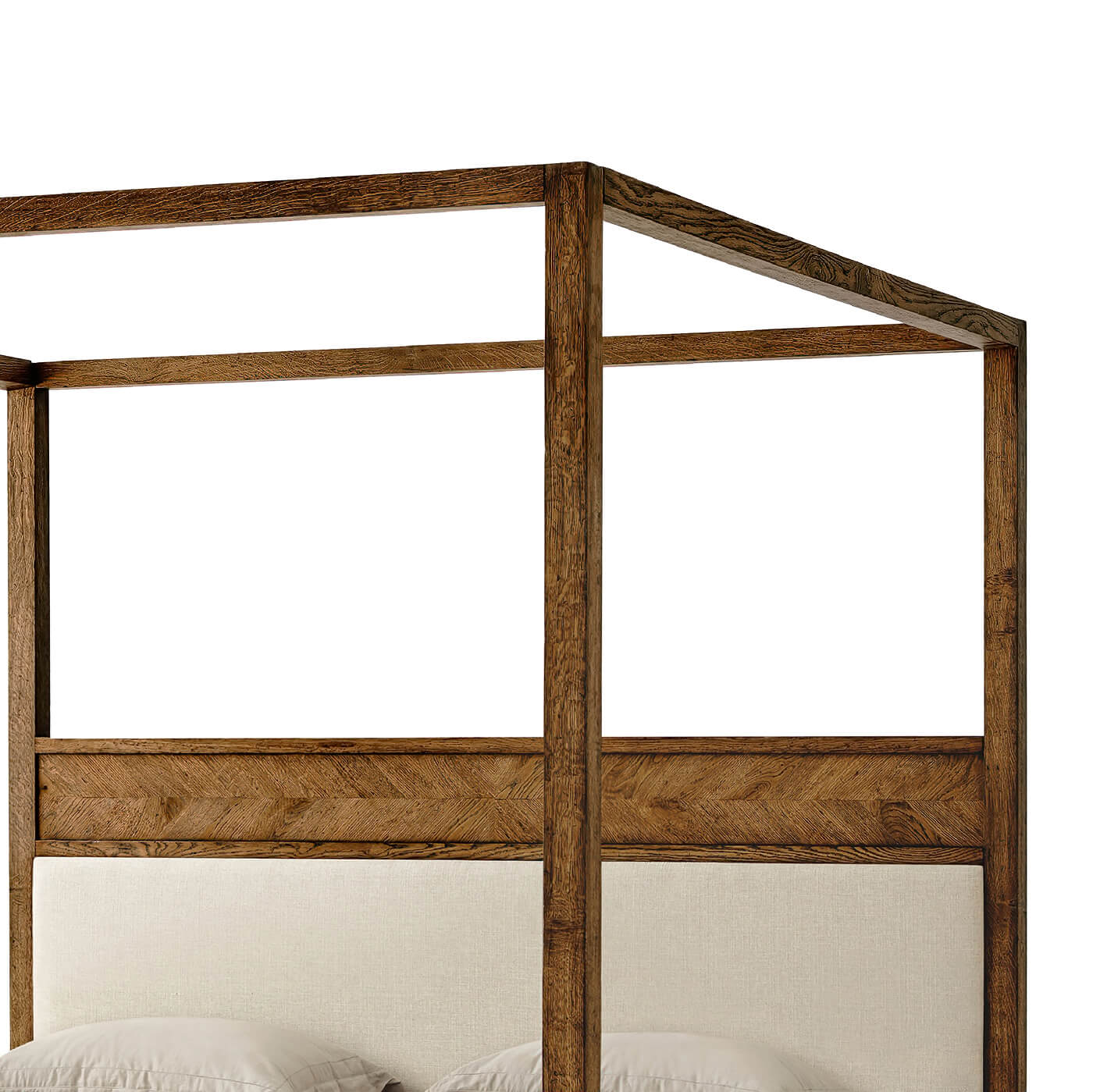 Close-up top corner of canopy bed, wood detail.