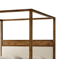Close-up top corner of canopy bed, wood detail.