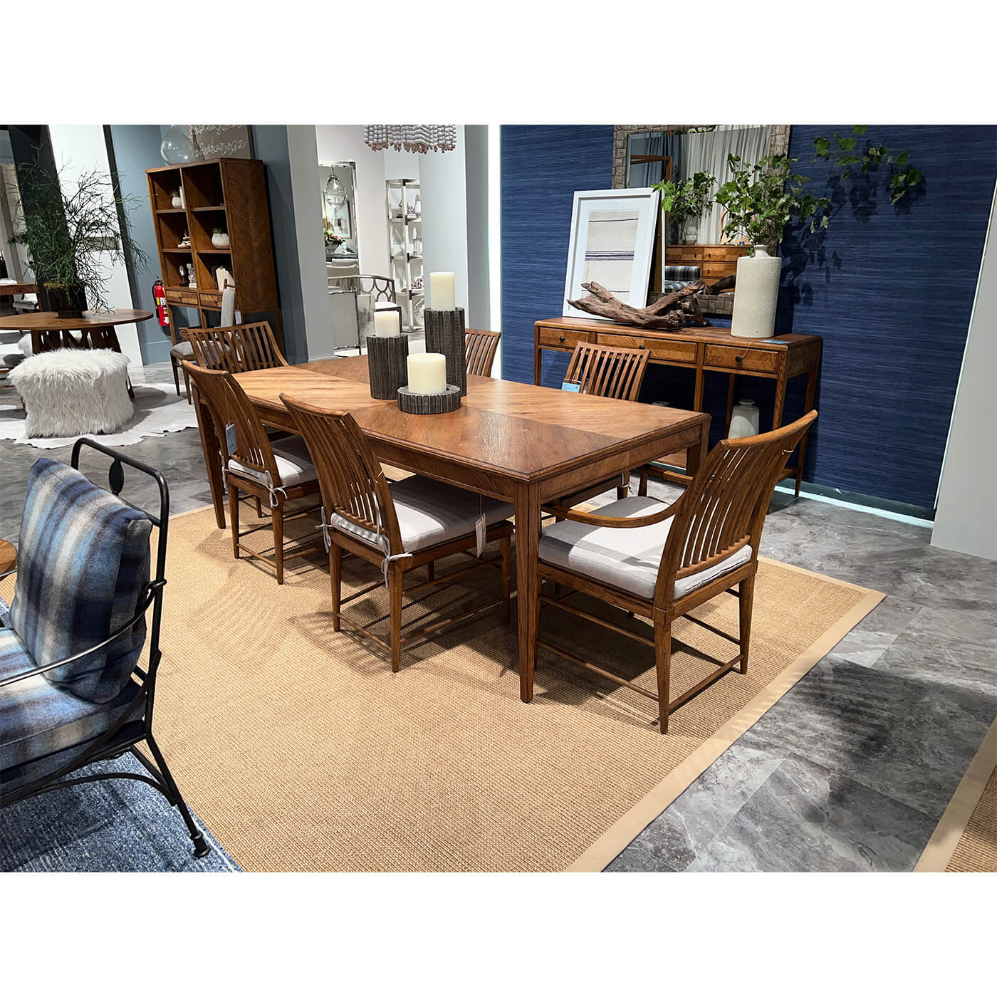 Rustic dining table set with chairs in dining room.