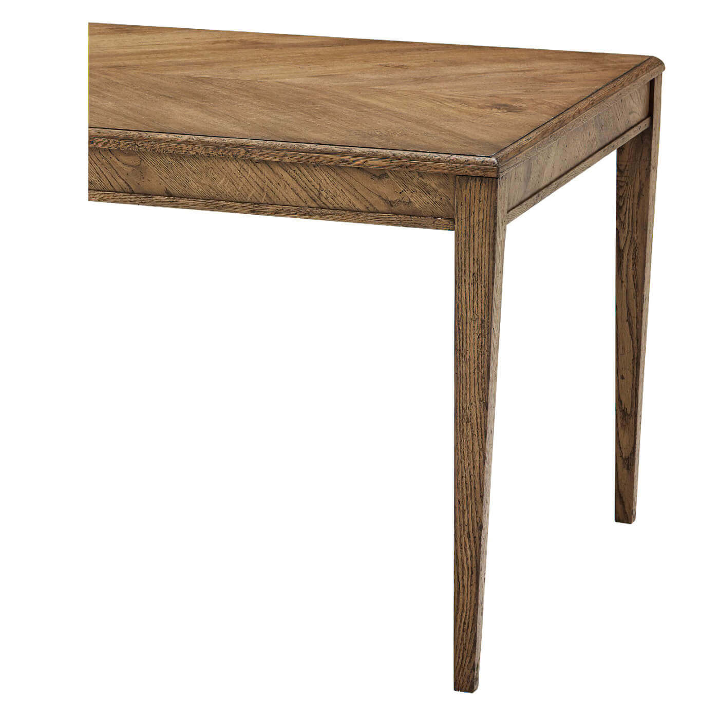 Close-up of dining table's wooden leg design.