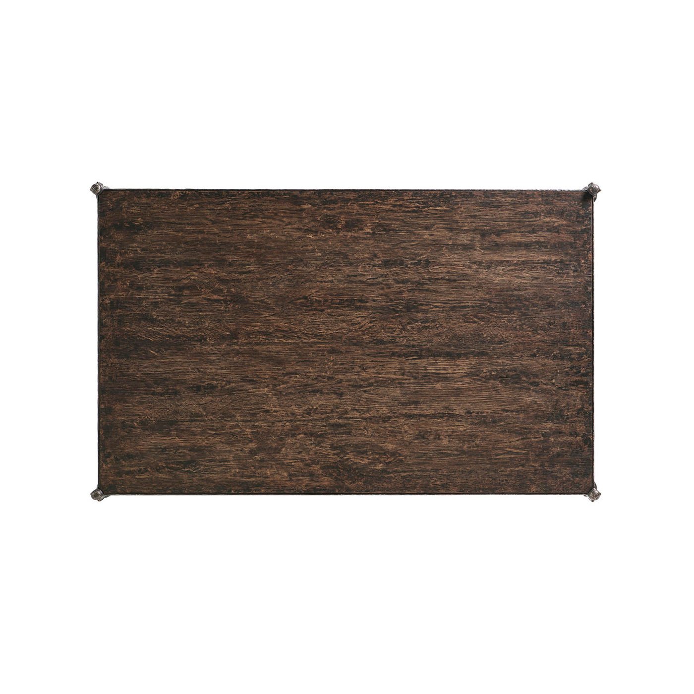 Top-down view of rustic hammered iron coffee table surface.
