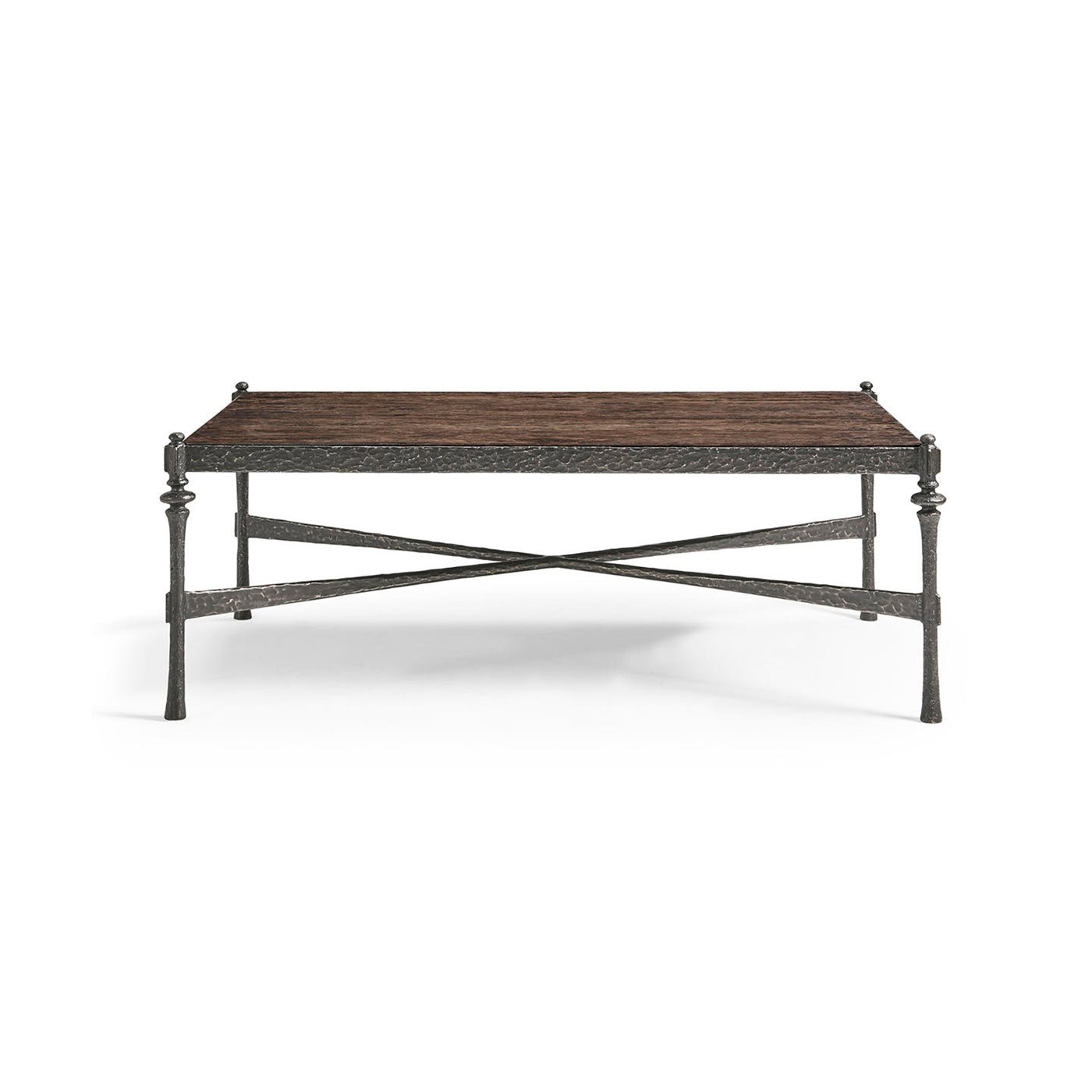 Front view of modern rustic hammered iron coffee table.