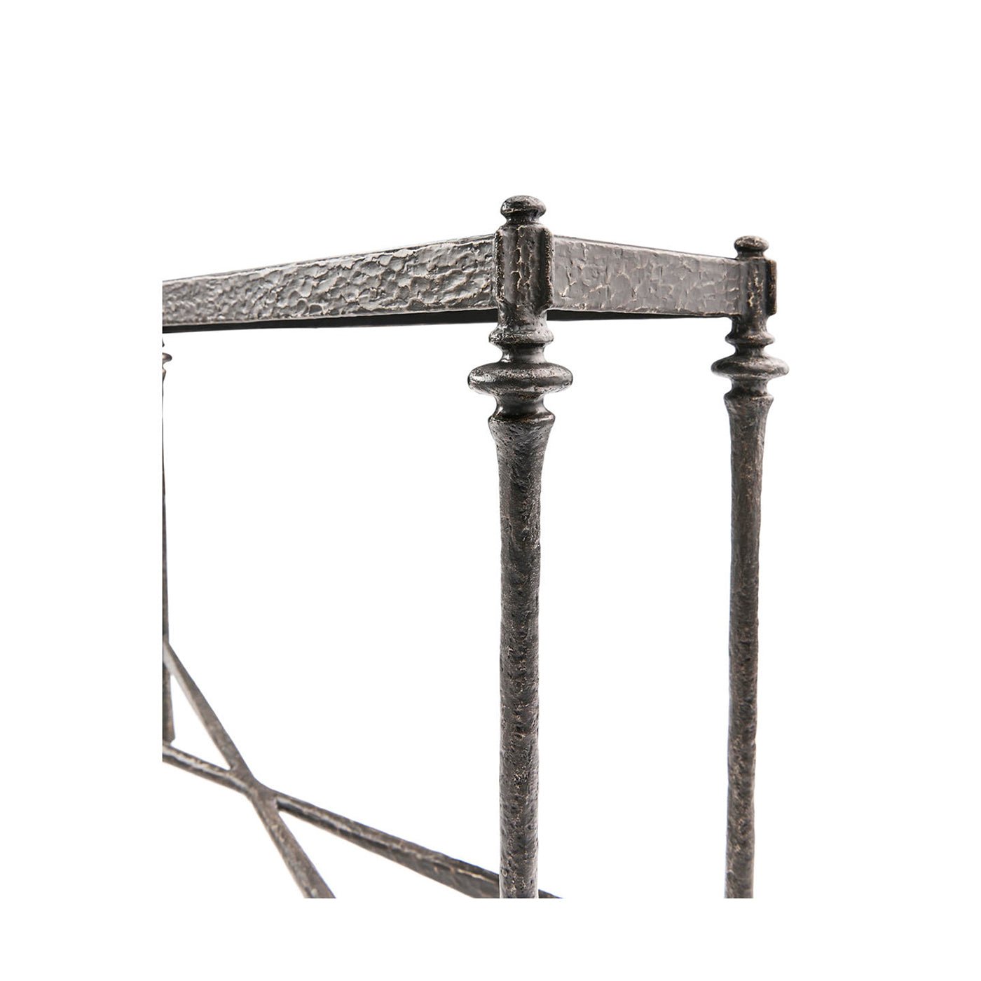 Close-up of console table showcasing iron leg details.