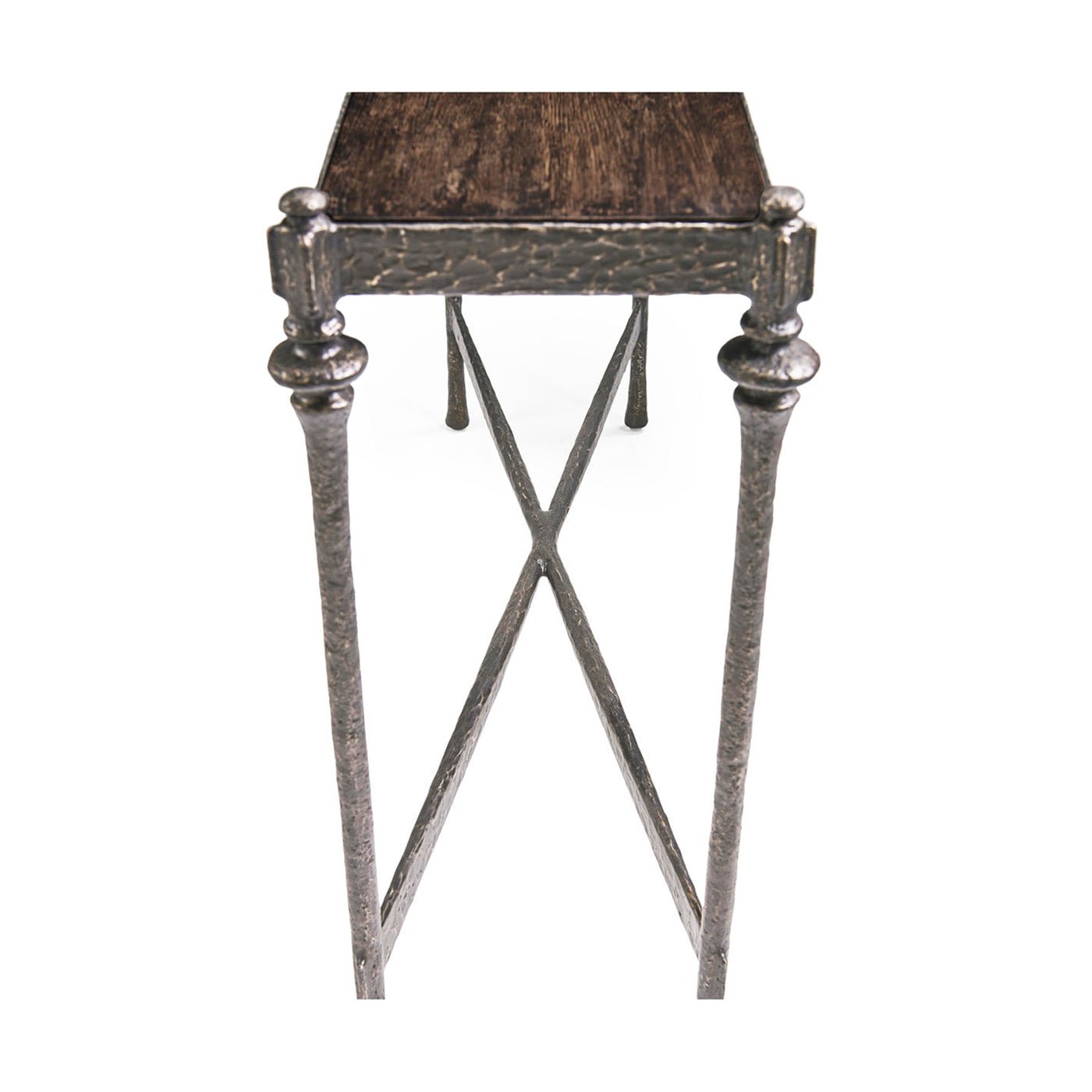 Side perspective of console table with detailed legs.