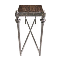 Side perspective of console table with detailed legs.