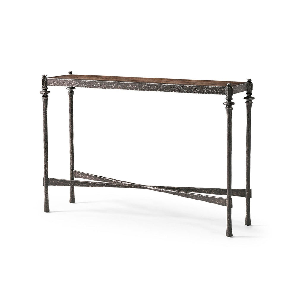 Modern rustic console table, angle view with iron legs.