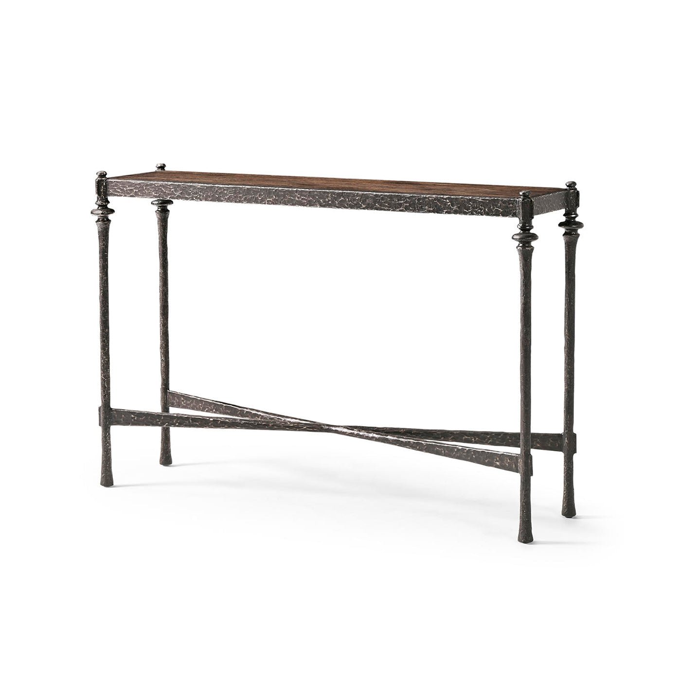 Modern rustic console table, angle view with iron legs.