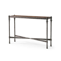 Modern rustic console table, angle view with iron legs.