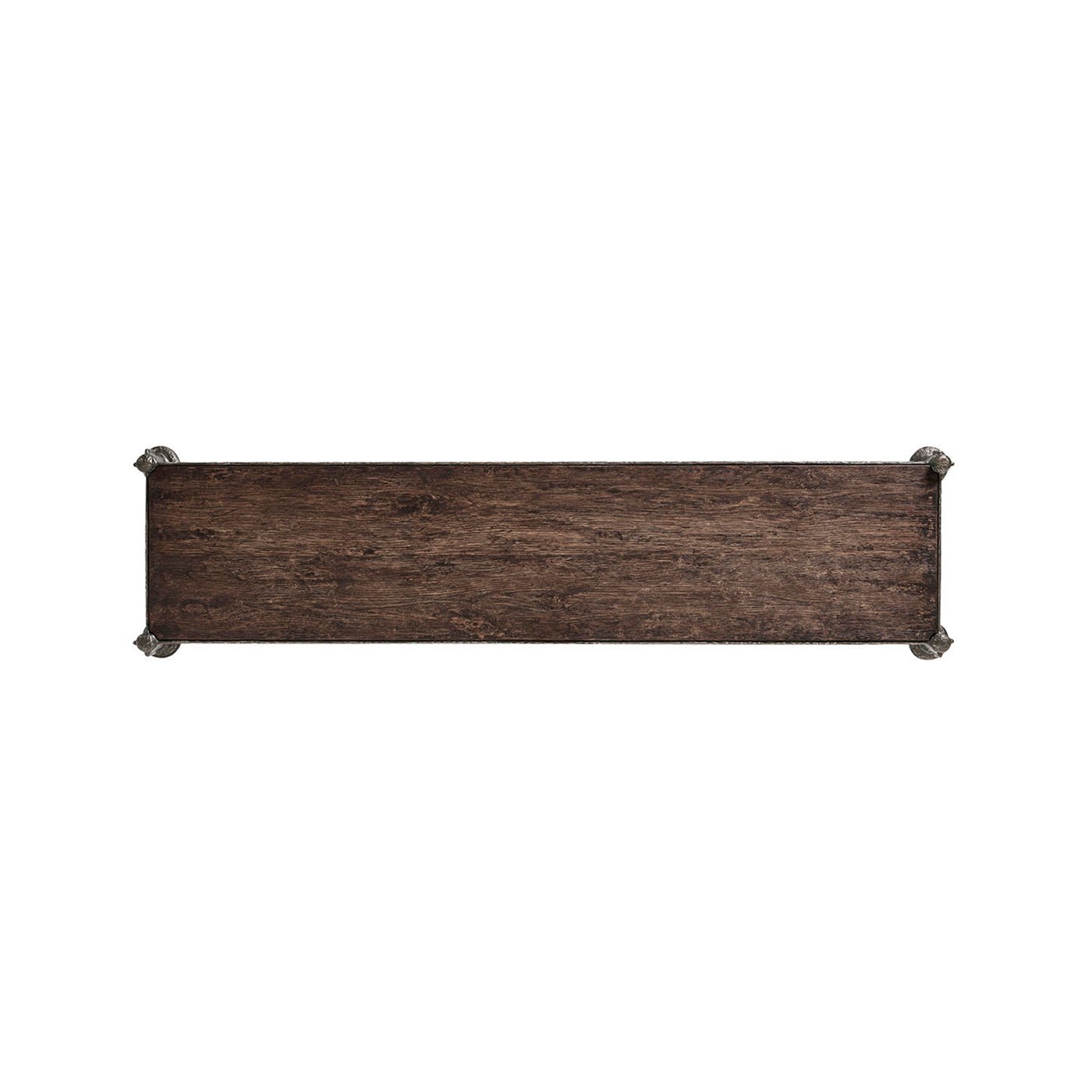 Overhead view of console table's wooden top surface.