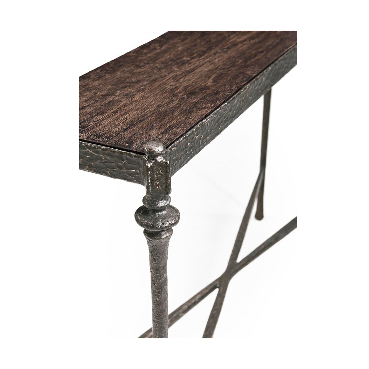 Close-up angle of console table wood surface and legs.