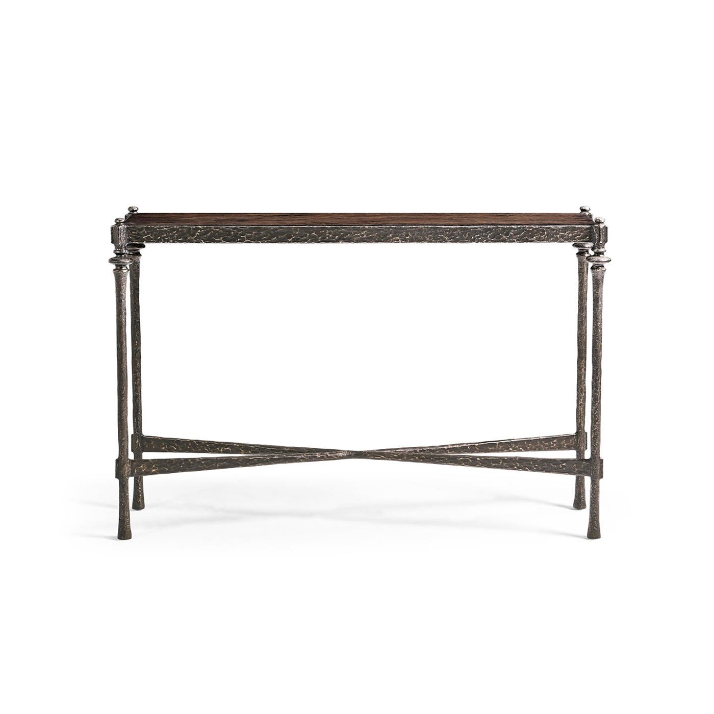 Front view of hammered iron console table.